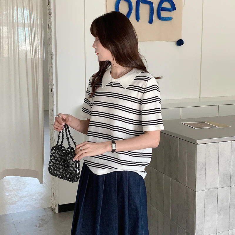 Summer women's100% cotton casual striped knitted T-shirt short sleeved loose POLO collar pullover Korean version fashionable top