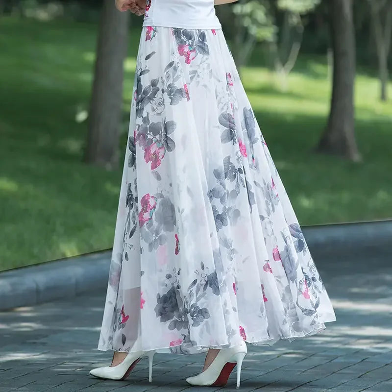 Womens Summer Autumn High Waist Skirts Elastic Waist Midi Full Long Skirt Print A-Line Mother Dance Swing Chiffon Skirt DURIKIES