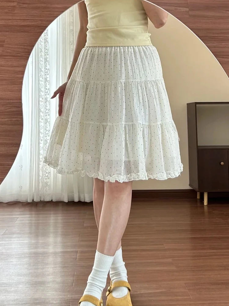 Chiffon Dot Sweet Skirt Women High Waist Fashion Elegant Midi S...