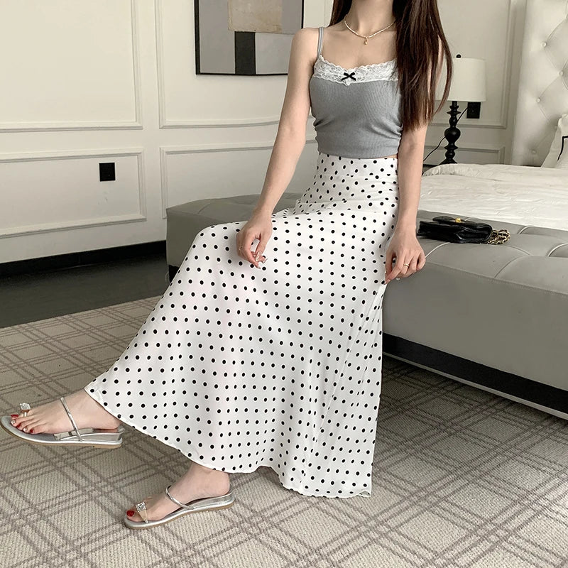 Black White Polka Dot Chiffon Long Skirts For Women Spring Summer High Waist A-line Skirt Korean Style Elegant Vintage Skirt