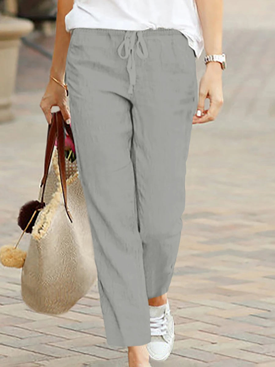 Women Casual Pants Summer Solid Elastic Waist Drawstring Loose Trousers Female Wide Leg Straight Pants