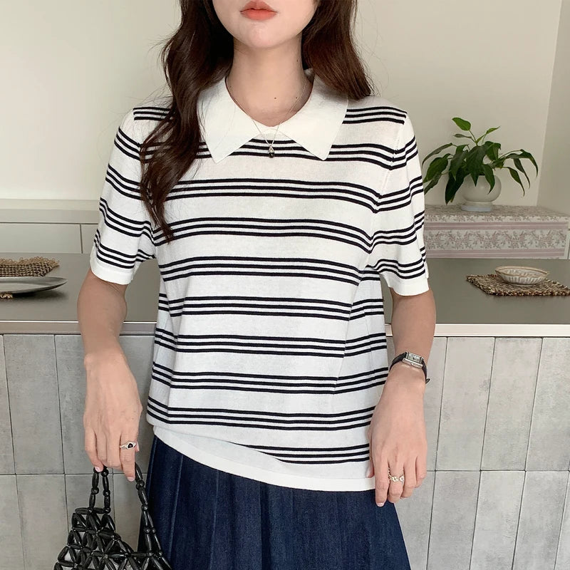 Summer women's100% cotton casual striped knitted T-shirt short sleeved loose POLO collar pullover Korean version fashionable top