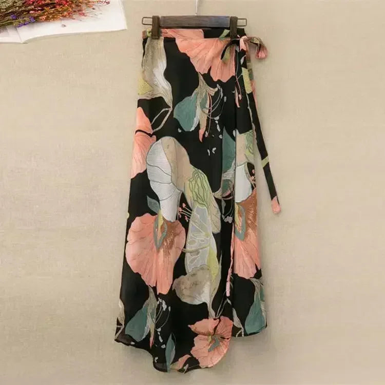 Fashion Chiffon Women Floral Print Skirt Side Tie One Piece Beach Skirts Summer High Waist Wrap Flower Long Skirt With Slit 2026