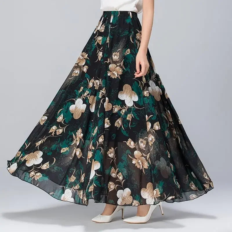Womens Summer Autumn High Waist Skirts Elastic Waist Midi Full Long Skirt Print A-Line Mother Dance Swing Chiffon Skirt DURIKIES