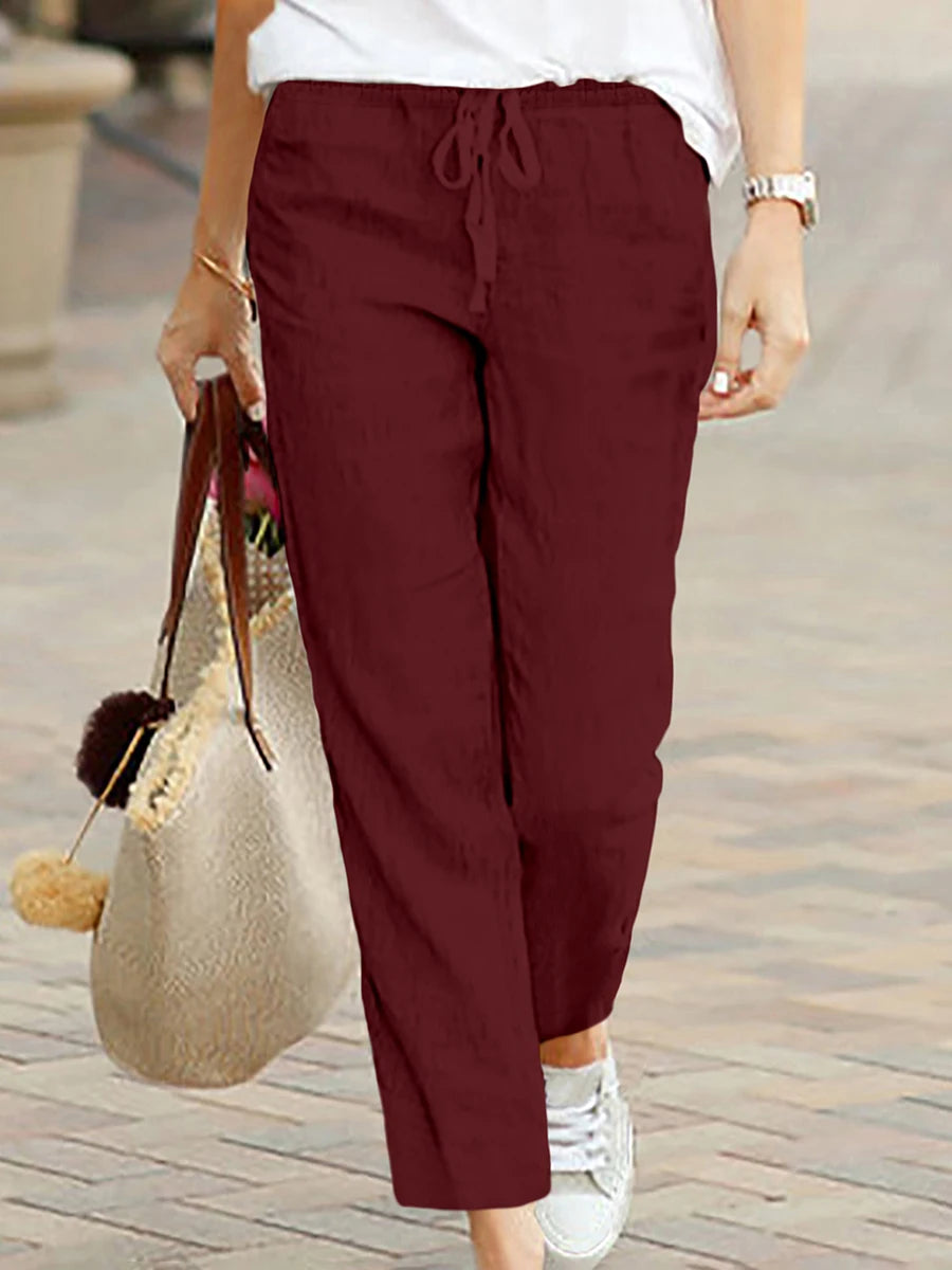 Women Casual Pants Summer Solid Elastic Waist Drawstring Loose Trousers Female Wide Leg Straight Pants