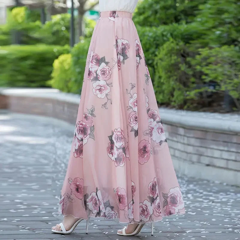 Womens Summer Autumn High Waist Skirts Elastic Waist Midi Full Long Skirt Print A-Line Mother Dance Swing Chiffon Skirt DURIKIES