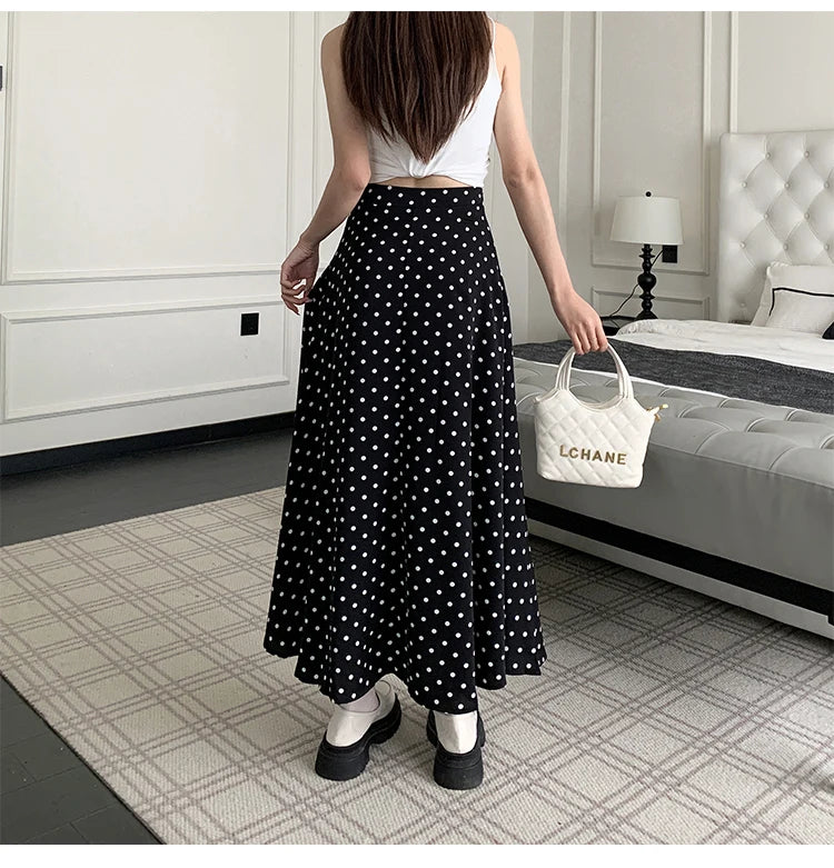 Black White Polka Dot Chiffon Long Skirts For Women Spring Summer High Waist A-line Skirt Korean Style Elegant Vintage Skirt