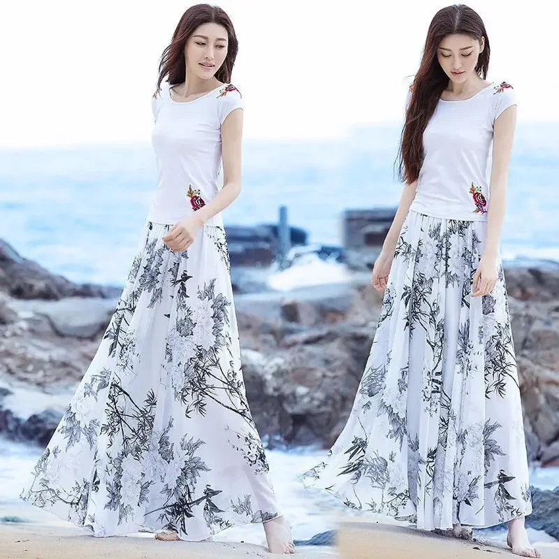 Womens Summer Autumn High Waist Skirts Elastic Waist Midi Full Long Skirt Print A-Line Mother Dance Swing Chiffon Skirt DURIKIES