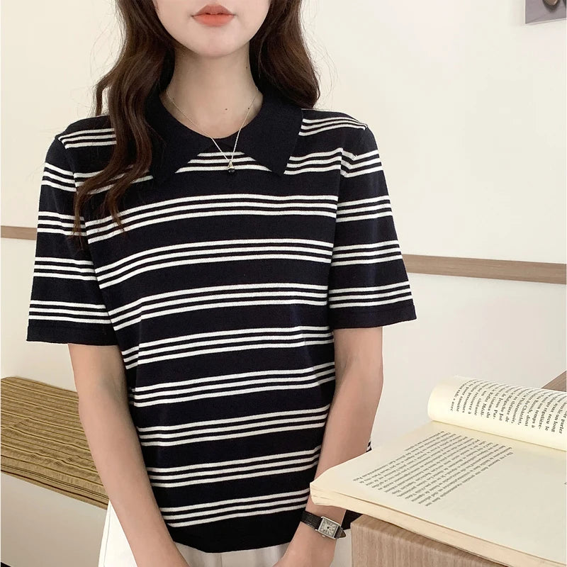 Summer women's100% cotton casual striped knitted T-shirt short sleeved loose POLO collar pullover Korean version fashionable top