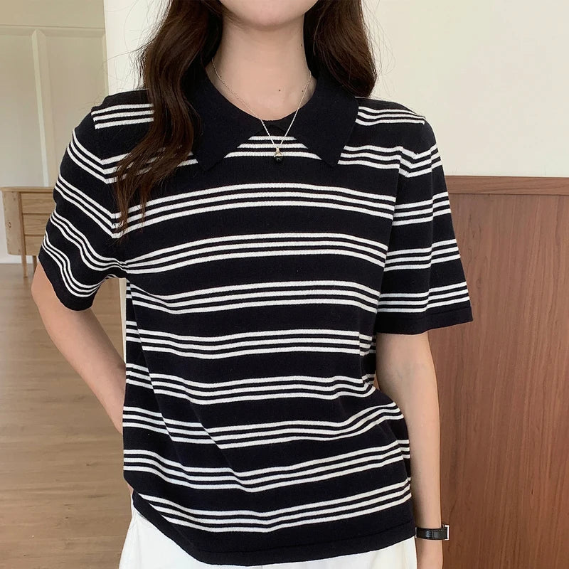 Summer women's100% cotton casual striped knitted T-shirt short sleeved loose POLO collar pullover Korean version fashionable top