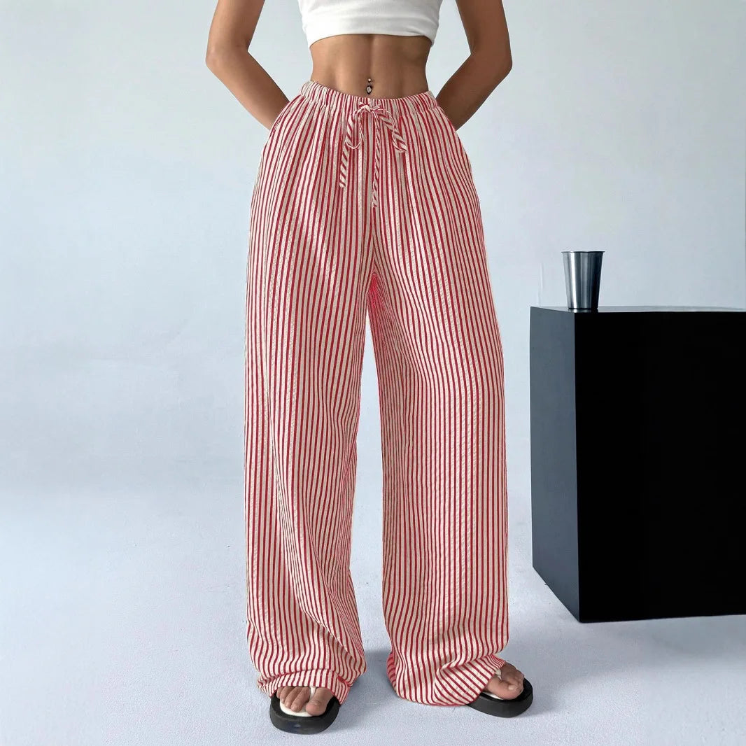 American Style Retro Vertical Stripe Drawstring Wide Leg Pants High Waist Dipping Loose Straight Casual Pants